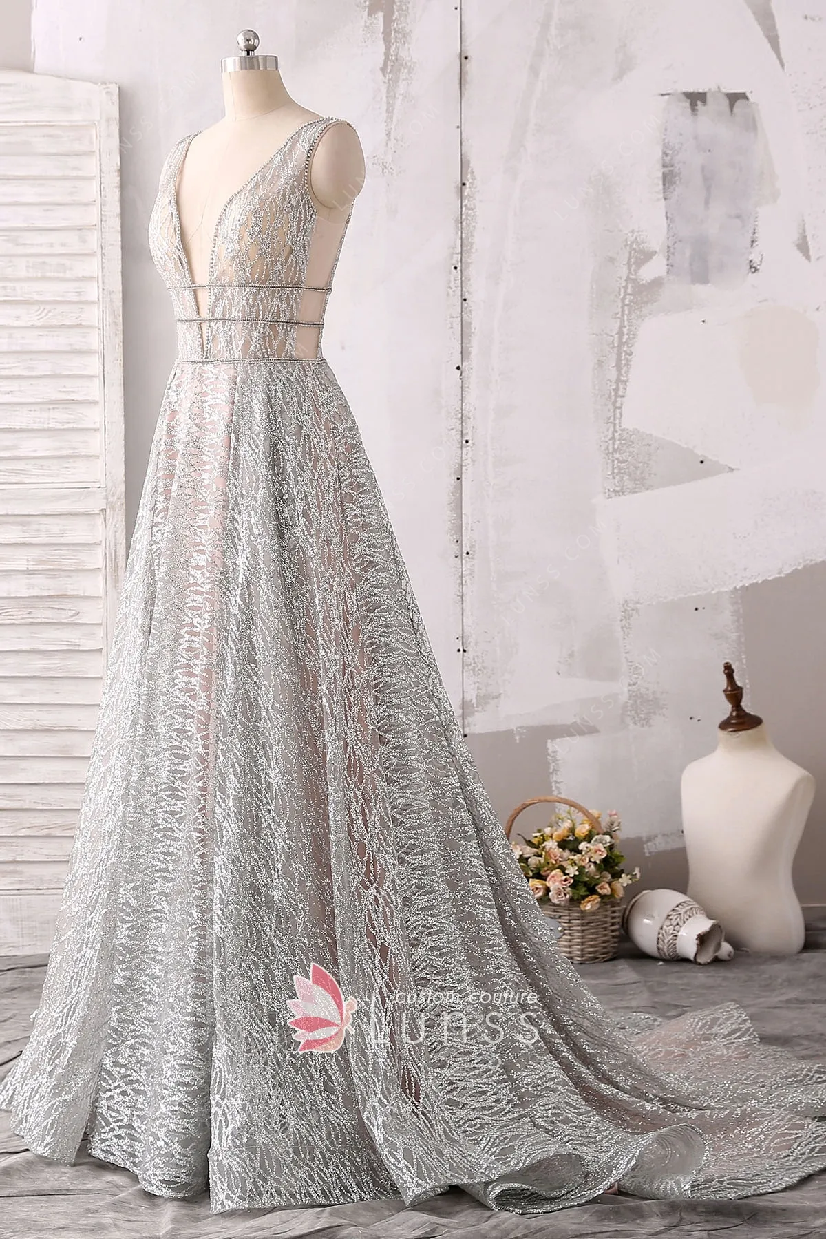 Sparkly Silver Glitter Plunging Neck Designer Prom Dress Lunss