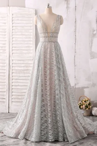 sparkly silver glitter plunging neck designer prom dress