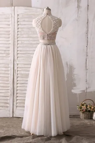 rhinestones open back two piece long prom dress