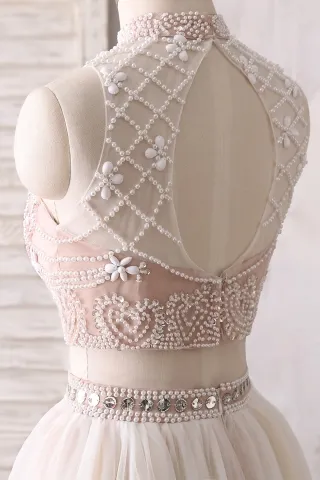 white rhinestones open back prom dress