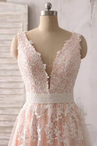 pearled white lace appliqued plunging neckline dress