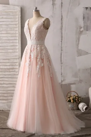 pearled white lace pink prom formal gown