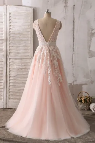 sleeveless V back pink formal dress with white lace appliques