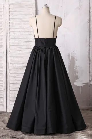 low back with spaghetti straps black ball gown