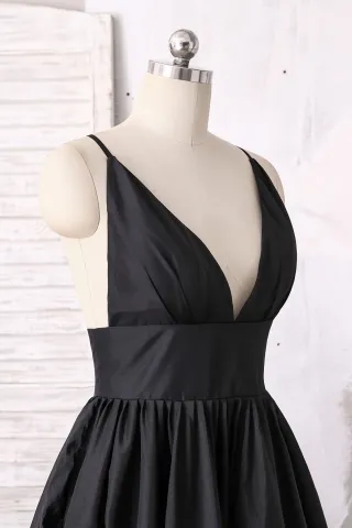 plunging V neckline black taffeta dress