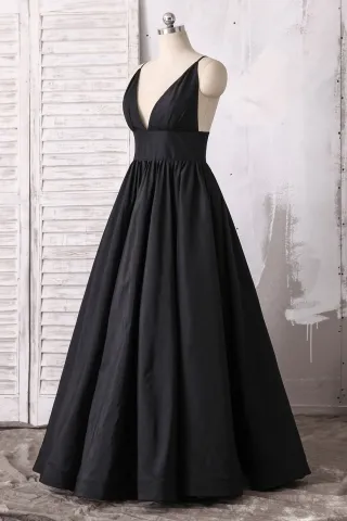 plunging v neck black taffeta prom dress