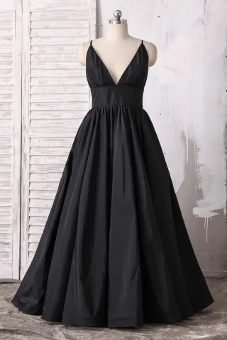 plunging v neckline black taffeta celebrity prom dress