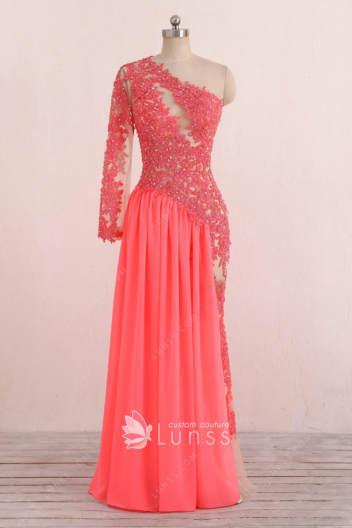 Watermelon Lace Chiffon Prom Gown 