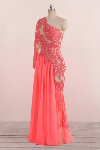 one sleeve watermelon lace chiffon gown