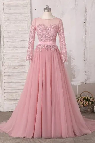 elegant dusty pink illusion lace tulle long evening dress