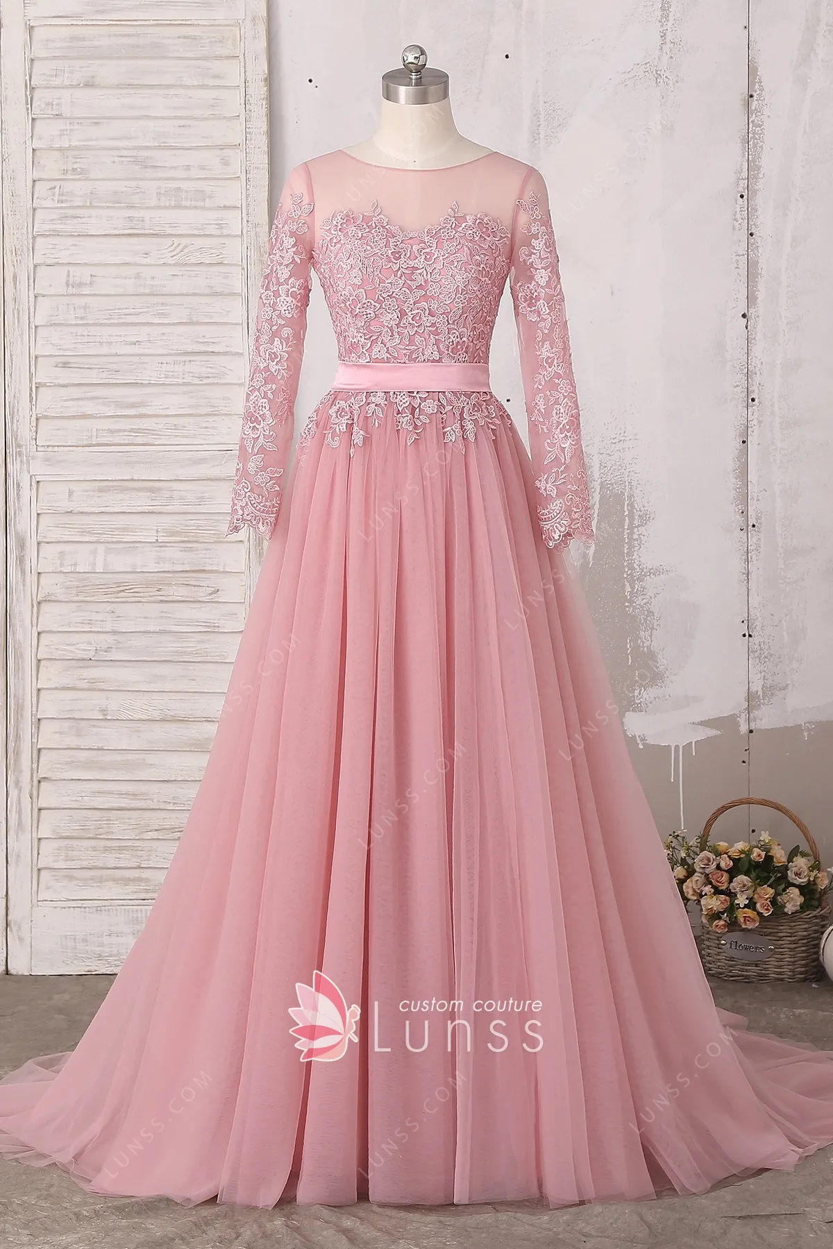 Illusion Neckline Lace and Tulle Long Dress Candy Pink