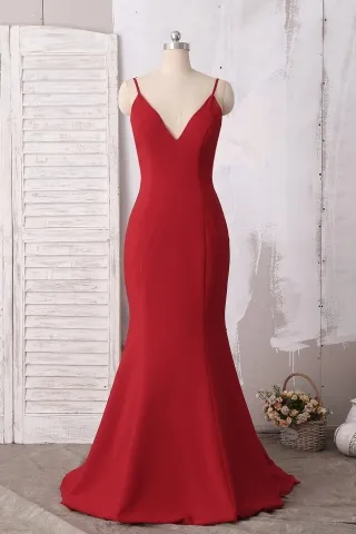 red spandex deep v floor length trumpet evening dress