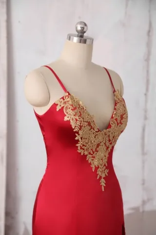 gold lace appliqued V neckline red dress
