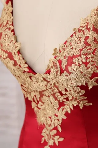 gold lace appliqued red satin dress