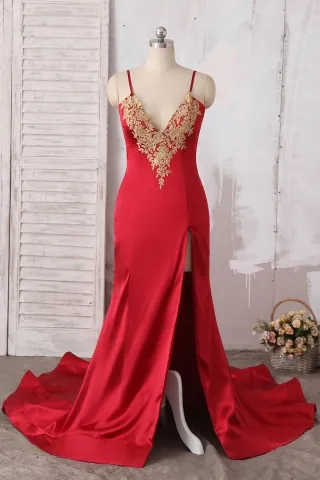 gold lace appliqued v neck red satin slit prom dress