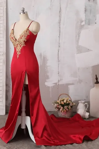 gold lace v neck red satin slit dress