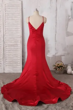 red satin V back mermaid long train prom dress