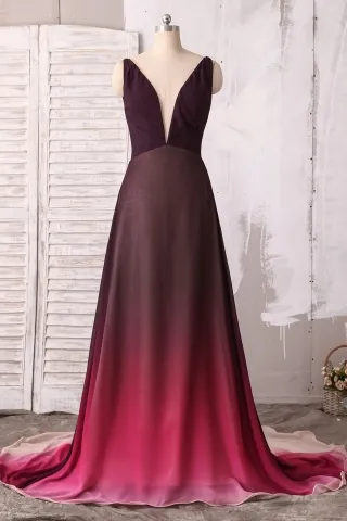 burgundy ombre chiffon plunging neck long train prom gown