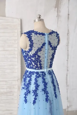 pearled blue lace and tulle homecoming dress