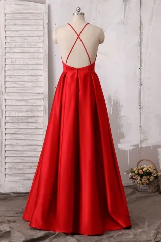 spaghetti straps low back red satin prom dress