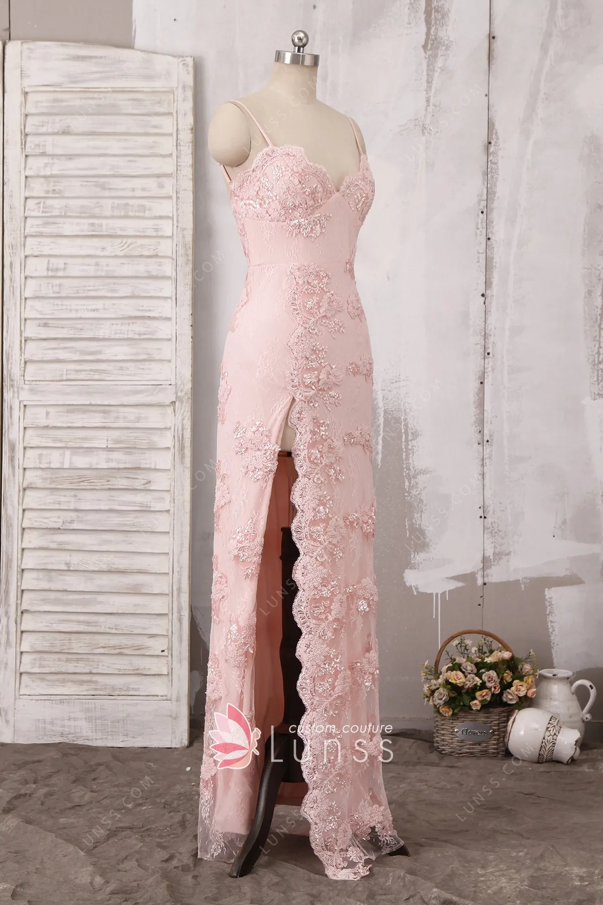 Baby Pink Beaded Scalloped Lace Slit 