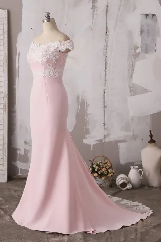 lace off shoulder pink bridesmaid dress