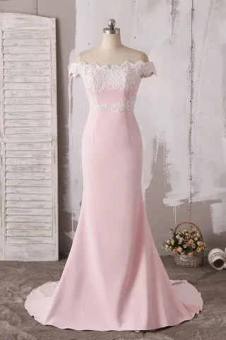 scalloped lace off shoulder pink mermaid bridesmaid dress