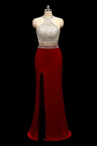 dazzling beading burgundy jersey two piece prom dress