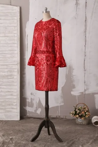 red sequin long sleeve slim short dress