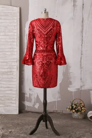 sparkling red sequin long sleeve sheath prom dress