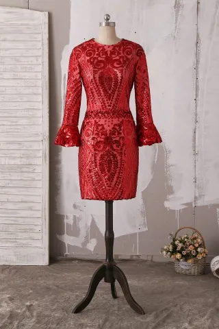 unique red sequin long sleeve slim short cocktail dress