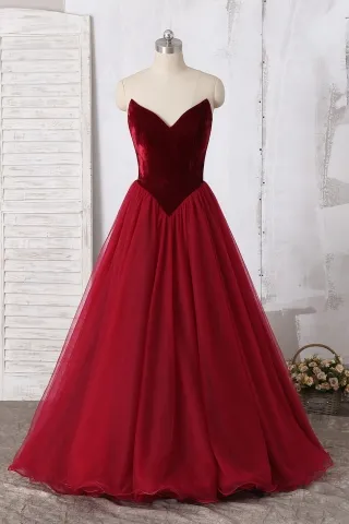 dark red v neck basque waist velvet tulle prom dress