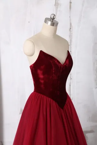 strapless dark red velvet dress