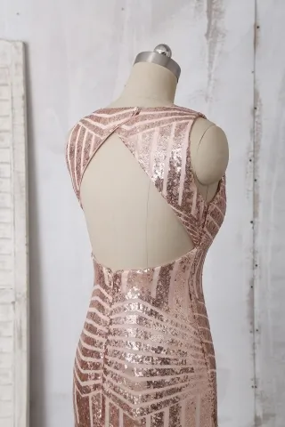 rose gold striped sequin open back dress