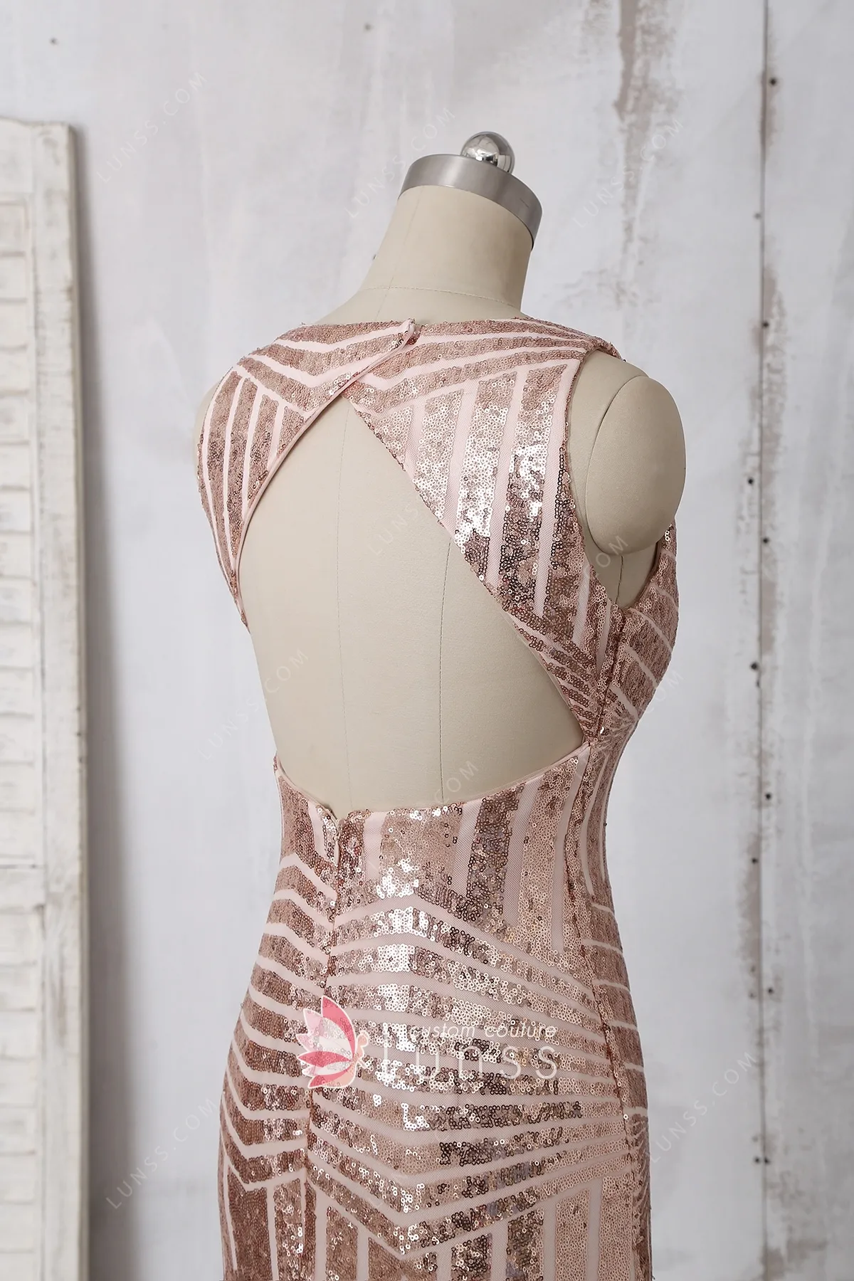 Rose Gold Open Back Dress Mermaid Gown Rose Gold Backless Sequin Dress  Mermaid Dress Rose