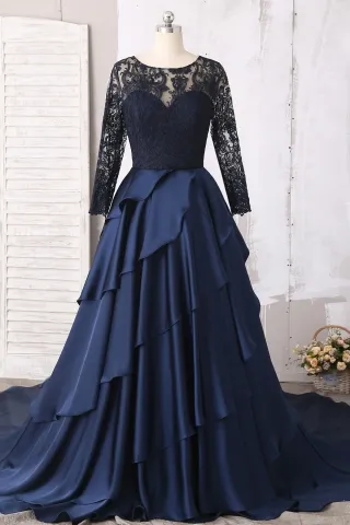 illusion navy lace long sleeve layered satin formal gown
