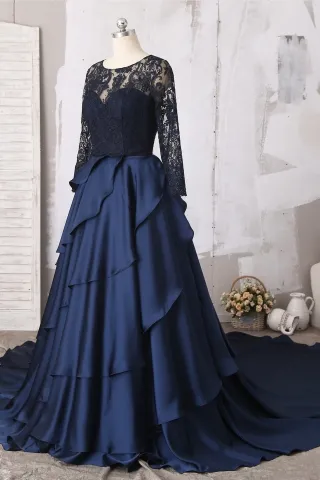 navy lace layered satin formal gown