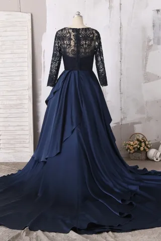 navy lace long sleeve layered satin long train formal dress