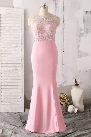 crystals beaded pink mermaid long fancy prom dress