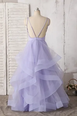 flounced lavender tulle low back formal gown