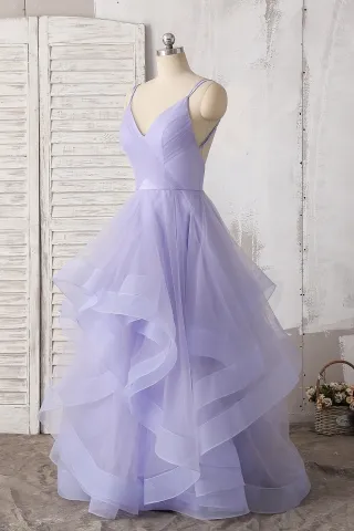 lavender flounced tulle v neck prom gown