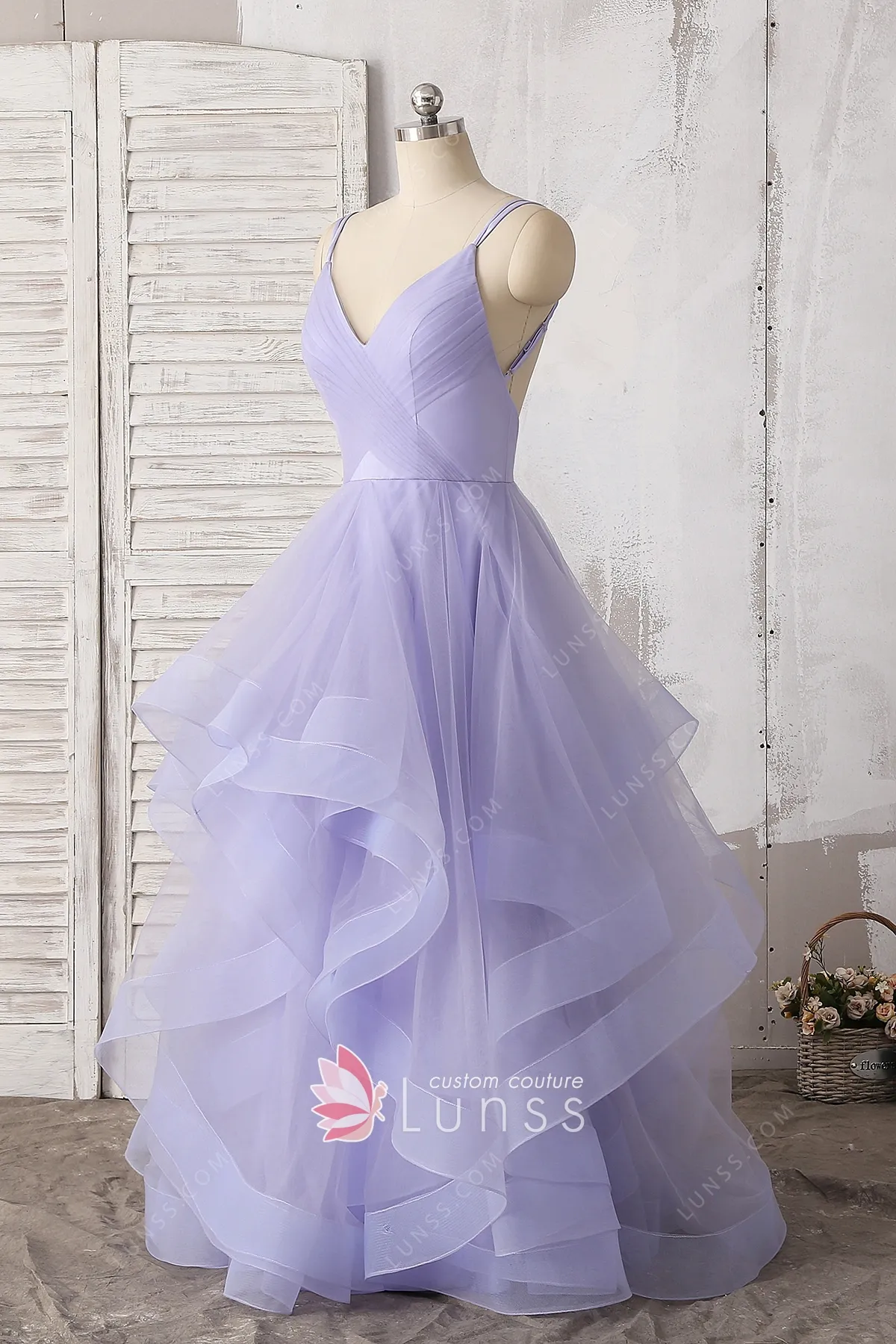 Lavender Sparkly Tulle Prom Dresses with Spaghetti Straps & V-Neck - FD5173 main image 0
