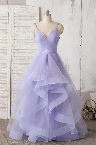 lavender flounced tulle v neck thin straps prom dress