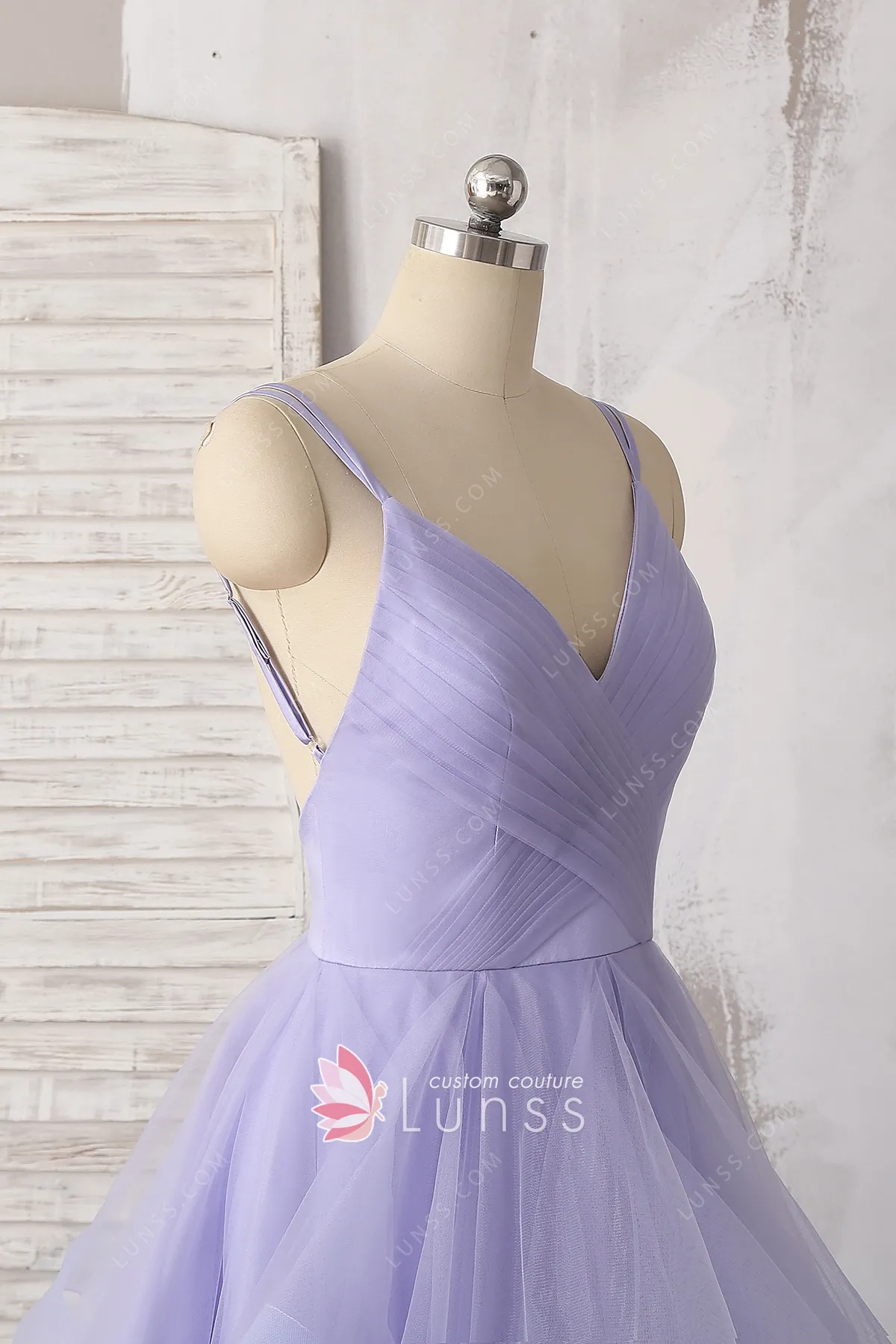 Plunging Neck Straps Lavender Sequin Prom Dress