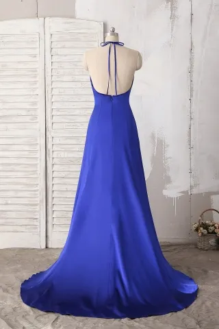 backless halter royal blue satin prom dress