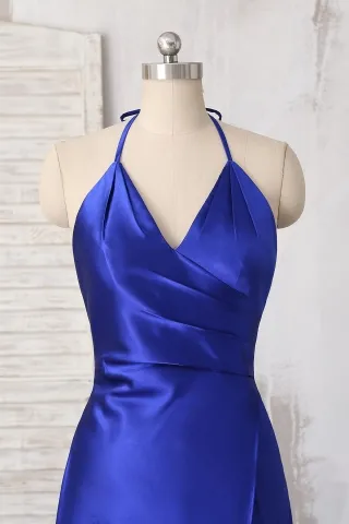 draped V neckline blue dress