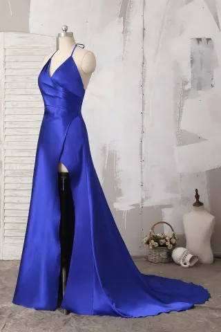 royal blue sexy slit halter prom dress