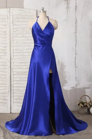 royal blue v neck sexy slit halter evening prom dress