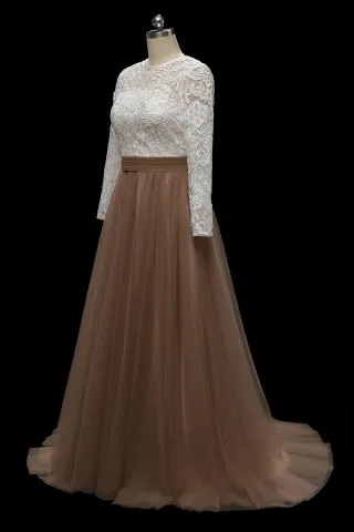 ivory lace dark nude tulle bridal dress