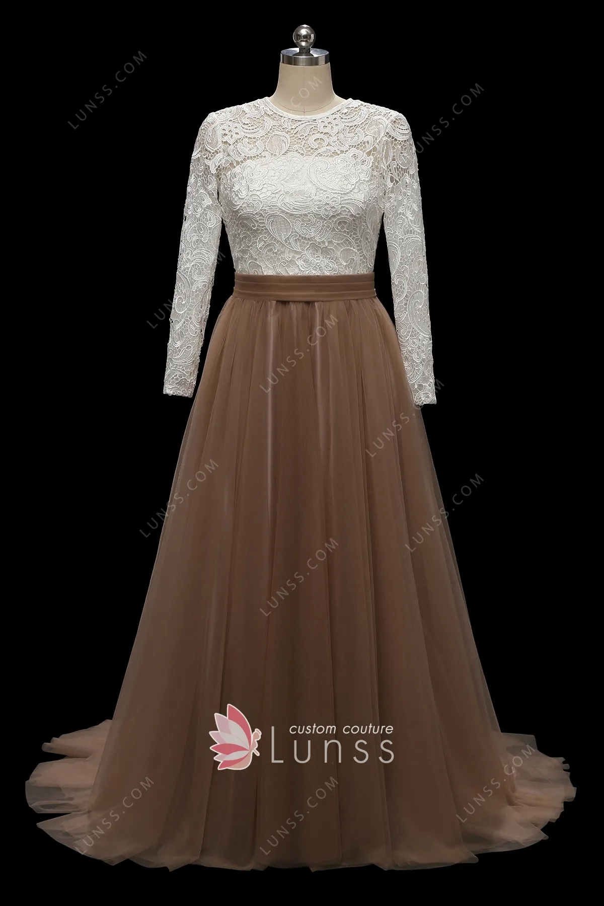 ivory lace dark nude tulle two tone vintage bridal dress